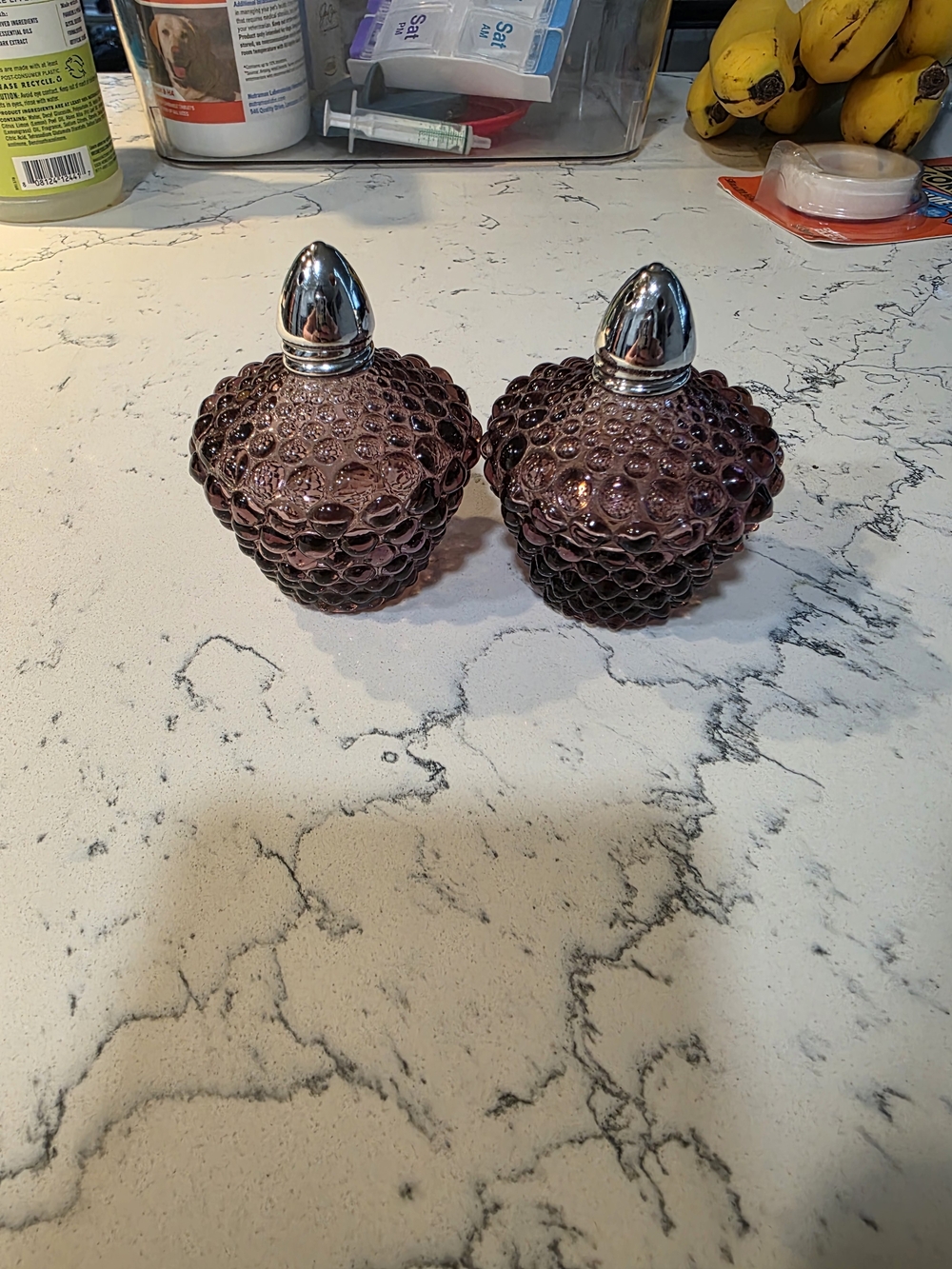 Vintage Pair of I.W. Rice Hobnail Purple Glass Salt and Pepper Shakers Japan